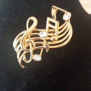 Gold Tone Treble Clef Music Staff Pin Brooch Crystal Eighth Notes
